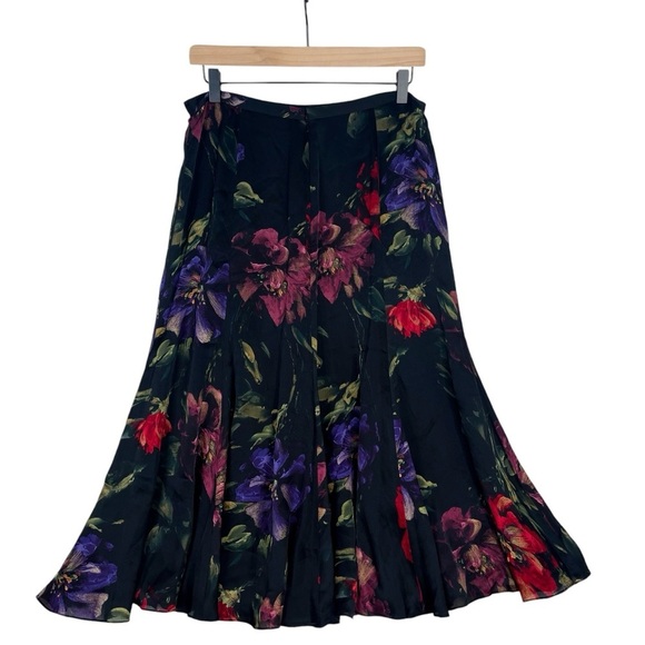 Lauren Ralph Lauren Skirt Womens 8 Vintage Dark Floral Silk A Line Midi Event - Picture 5 of 9